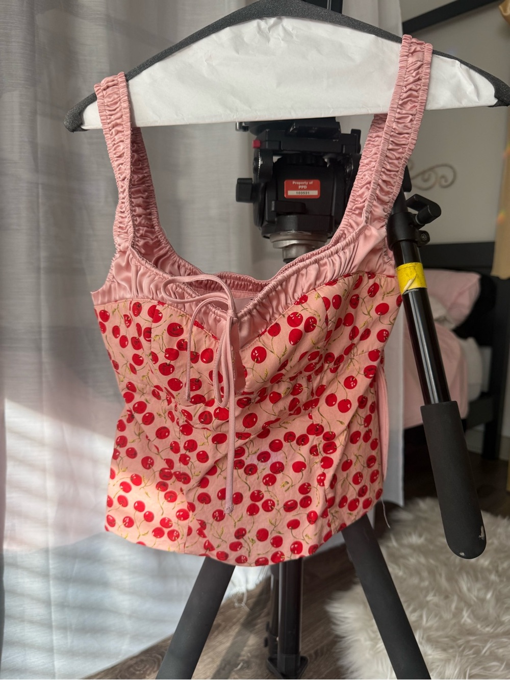 Astr Pink Cherry-Print Camisole with Ruched Straps